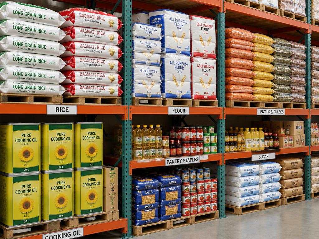 Rice, flour, oil and pantry staples on shelving