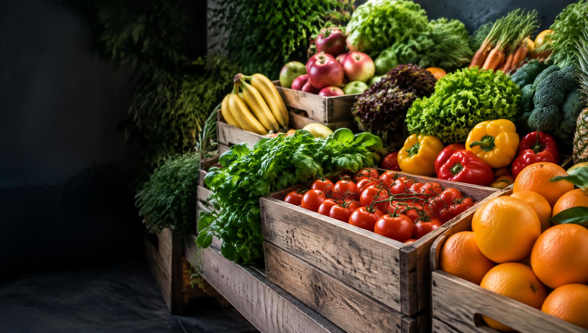 Wooden crates filled with fresh tomatoes, oranges, capsicum, greens and fruit
